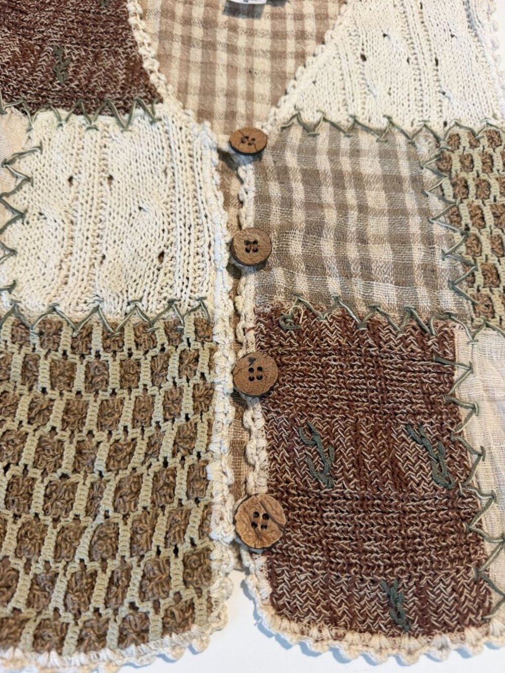 Sandy Starkman Brown Patchwork Crocheted Cotton Silk Vest Size Small - Picture 3 of 7
